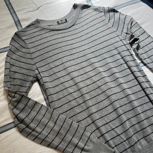 American Apparel Unisex Grey & Navy Striped Knit Lightweight Sweater - Picture 1 of 5